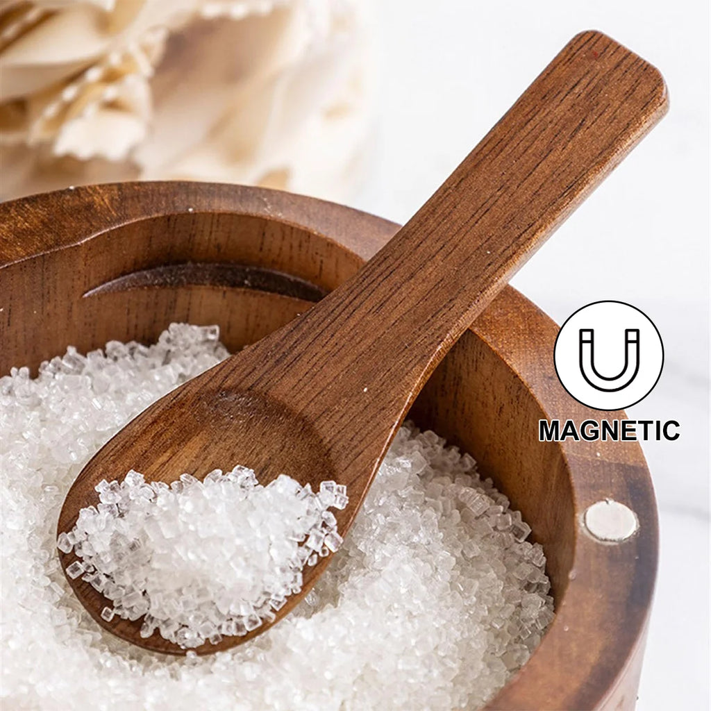 Acacia Wood Salt Cellar with Spoon & Swivel Lid