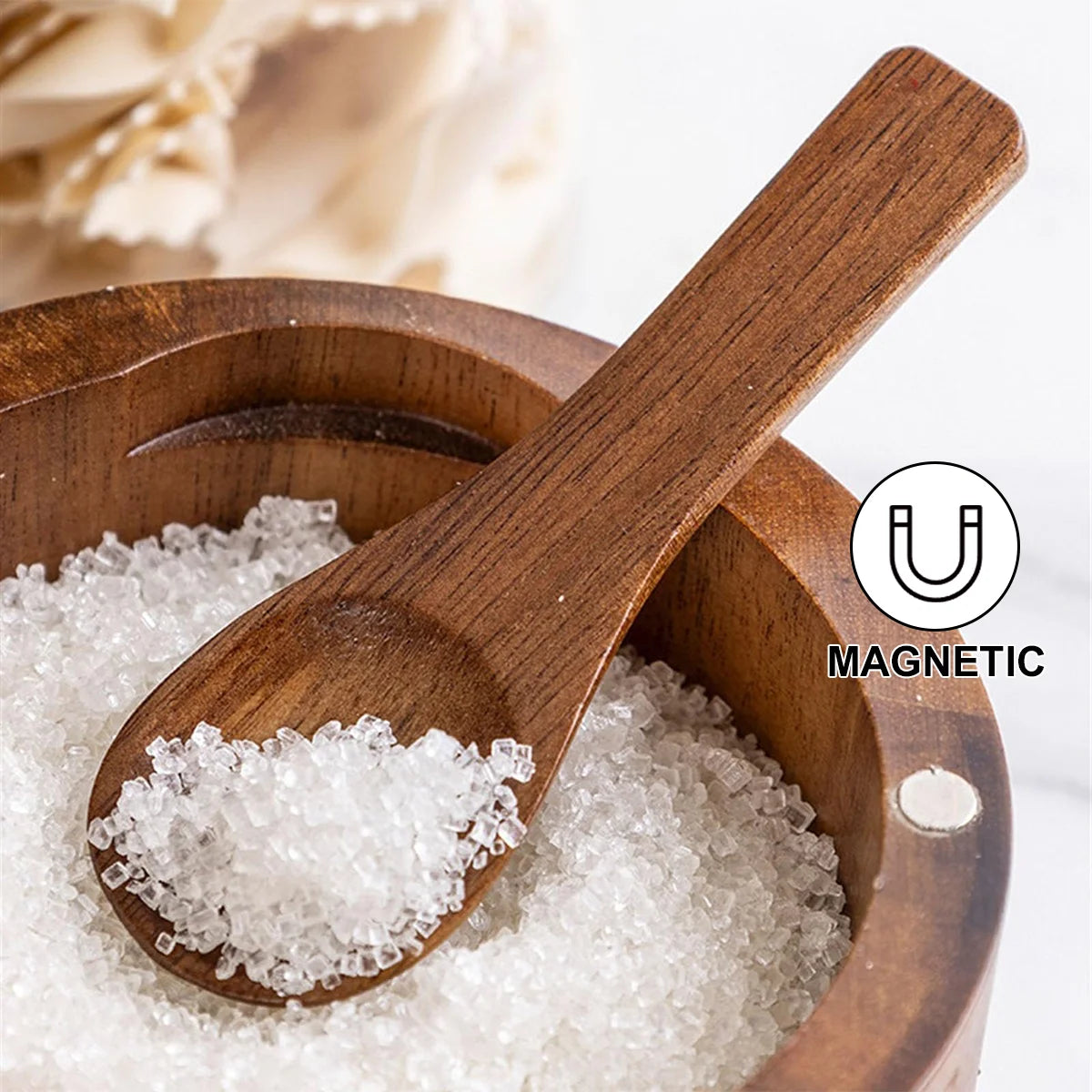 Acacia Wood Salt Cellar with Spoon & Swivel Lid