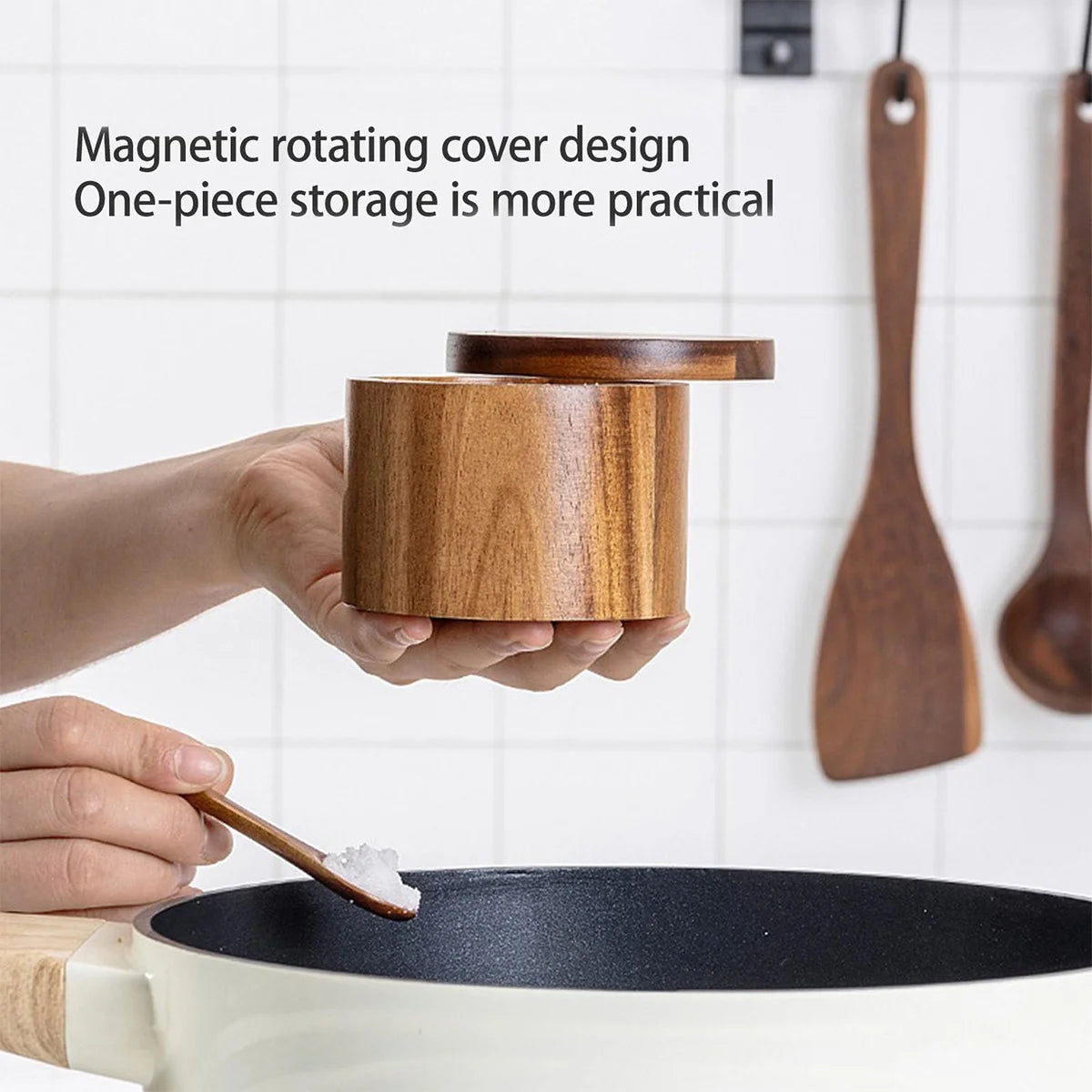 Acacia Wood Salt Cellar with Spoon & Swivel Lid