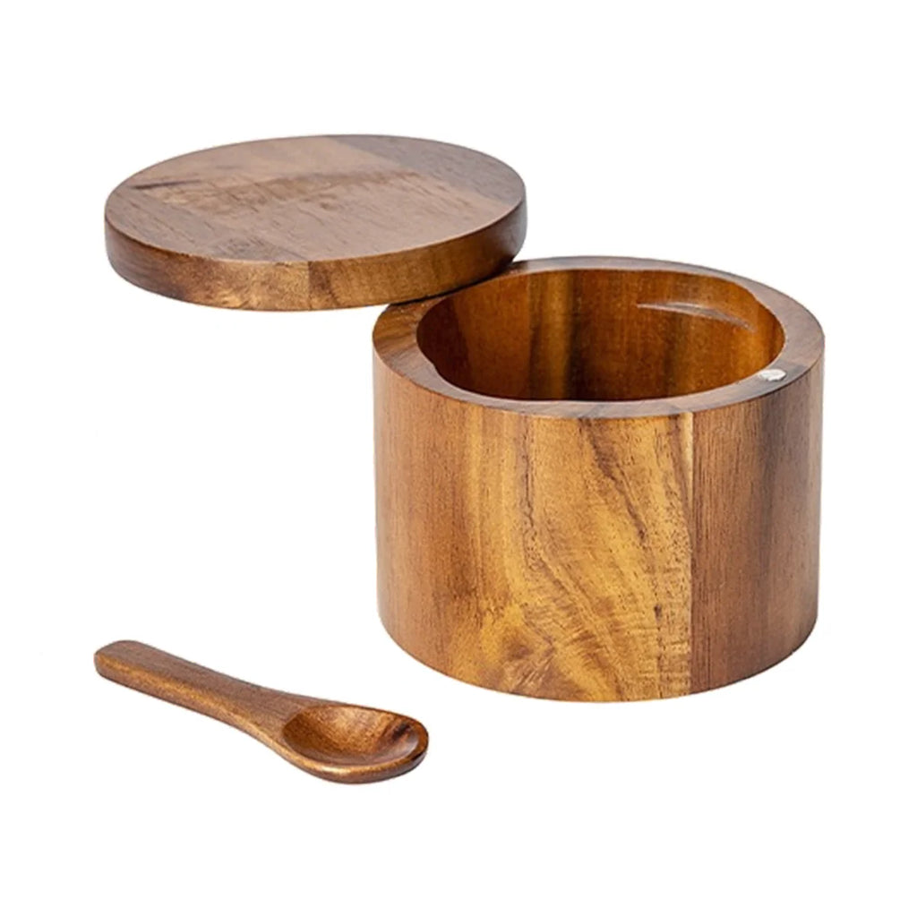 Acacia Wood Salt Cellar with Spoon & Swivel Lid