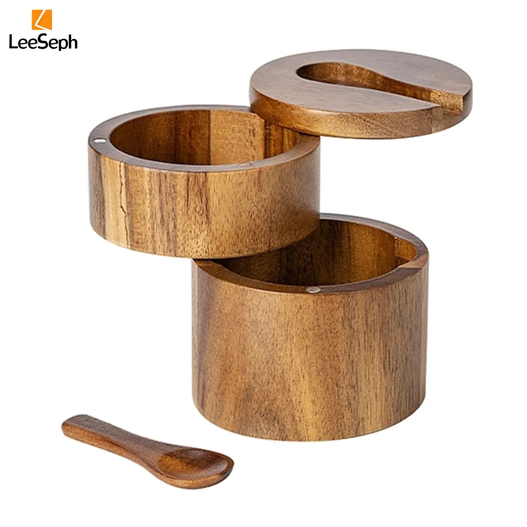 Acacia Wood Salt Cellar with Spoon & Swivel Lid