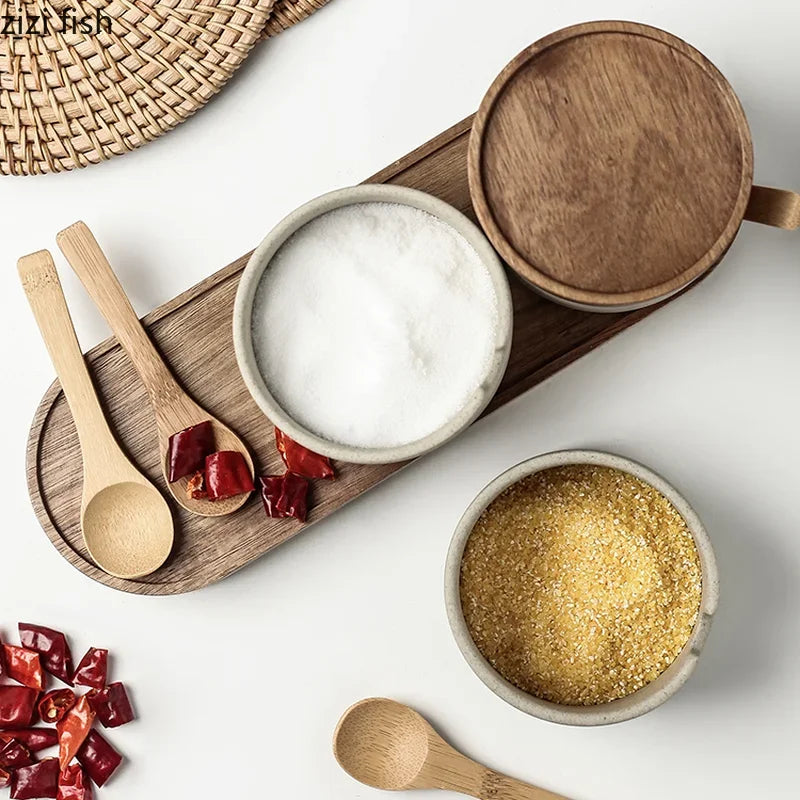 European Ceramic Seasoning Jar with Wooden Lid