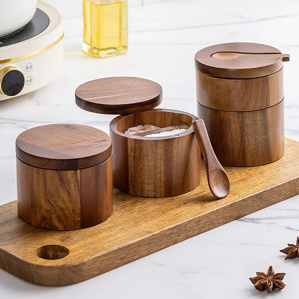 Acacia Wood Salt Cellar with Spoon & Swivel Lid
