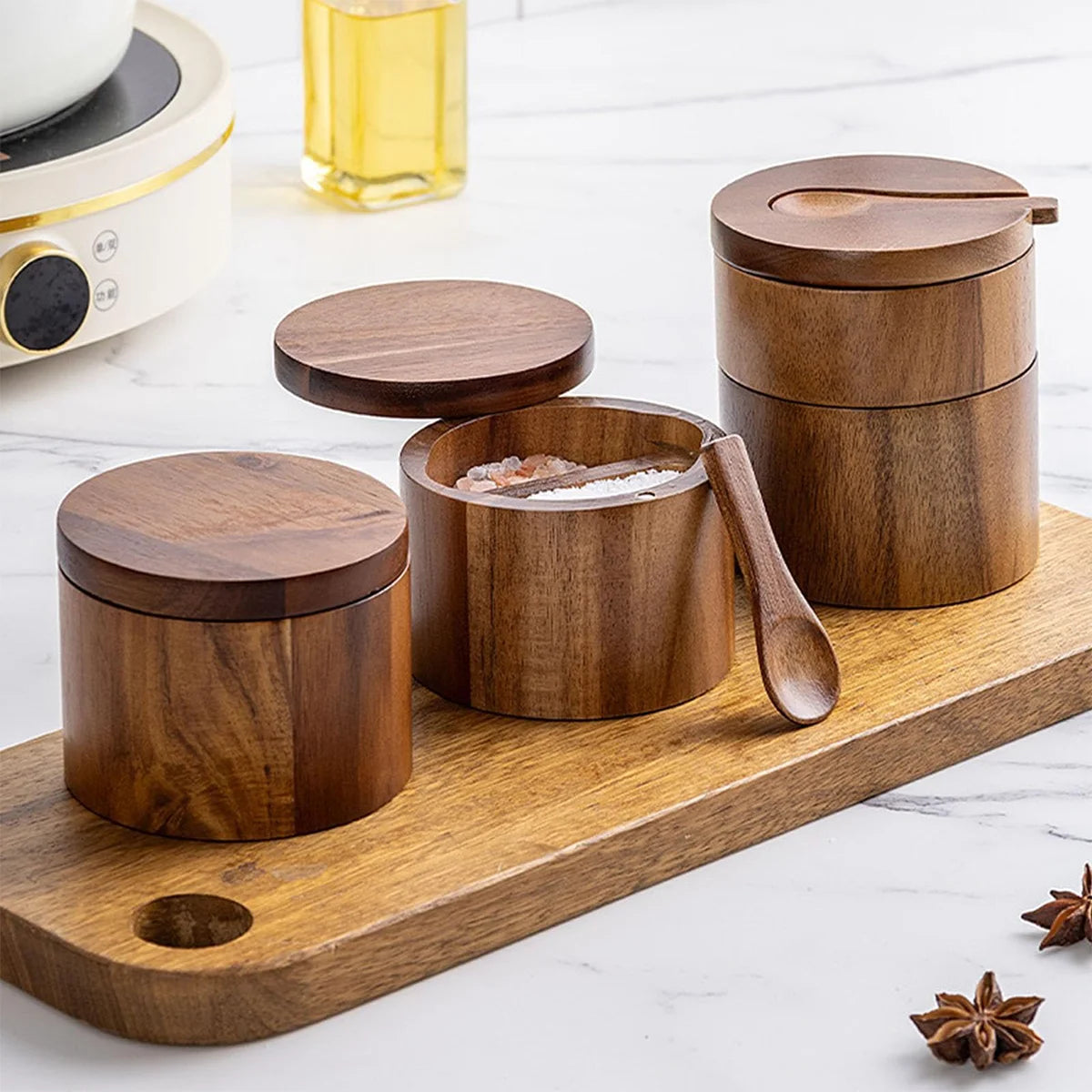 Acacia Wood Salt Cellar with Spoon & Swivel Lid