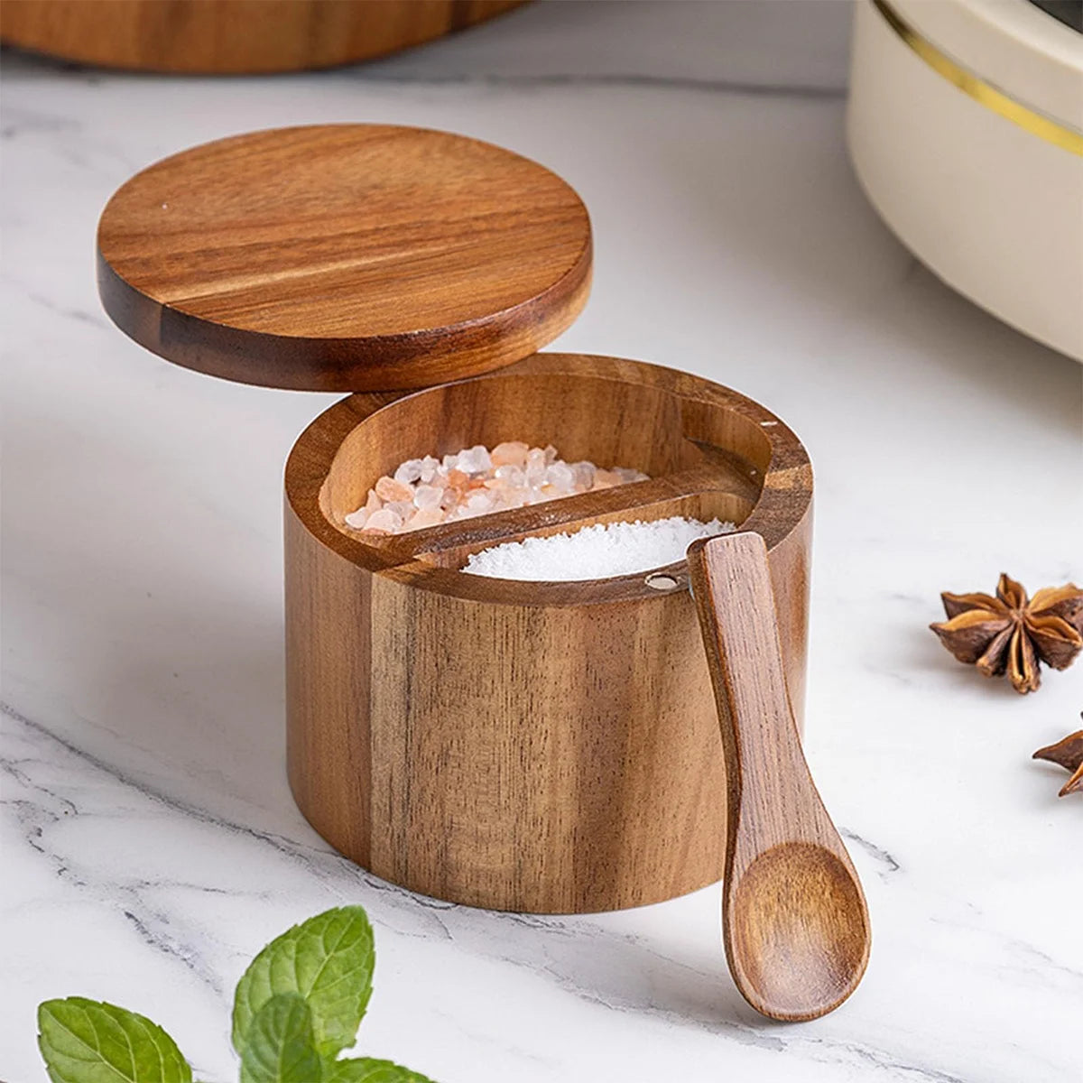 Acacia Wood Salt Cellar with Spoon & Swivel Lid