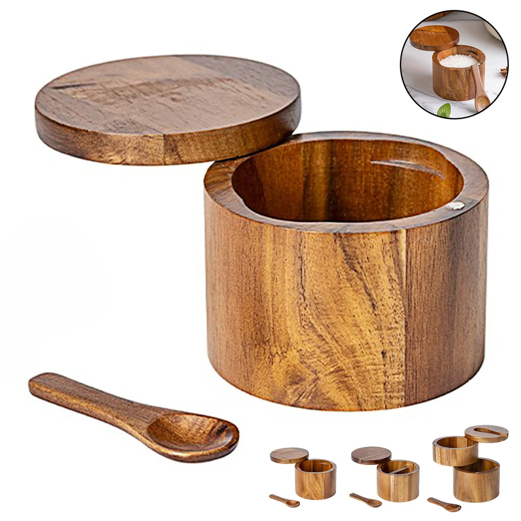 Acacia Wood Salt Cellar with Spoon & Swivel Lid