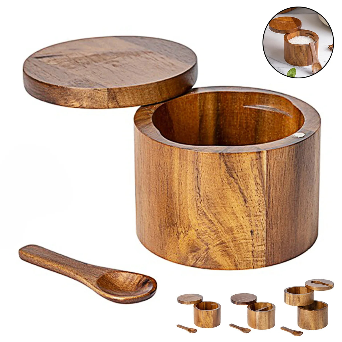 Acacia Wood Salt Cellar with Spoon & Swivel Lid